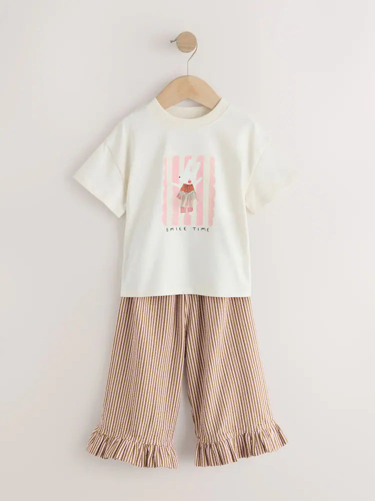 |Girl| Conjunto De Camiseta De Manga Curta Off-White Com Estampa De Coelho e Calça Com Babado Largo (3 meses a 7 anos)