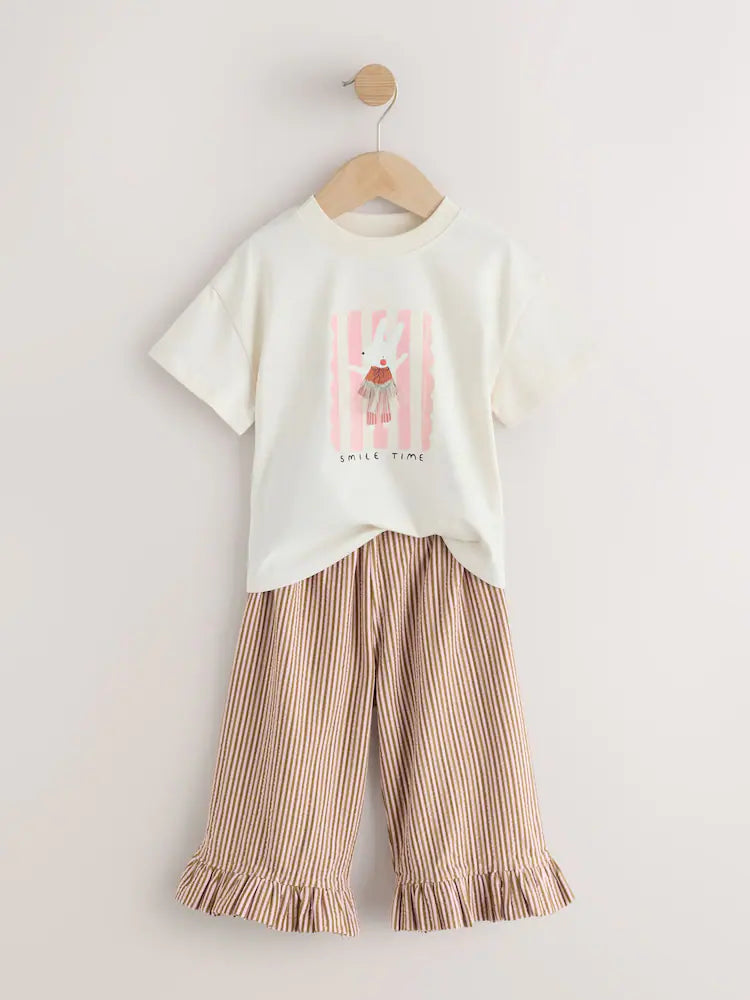|Girl| Conjunto De Camiseta De Manga Curta Off-White Com Estampa De Coelho e Calça Com Babado Largo (3 meses a 7 anos)
