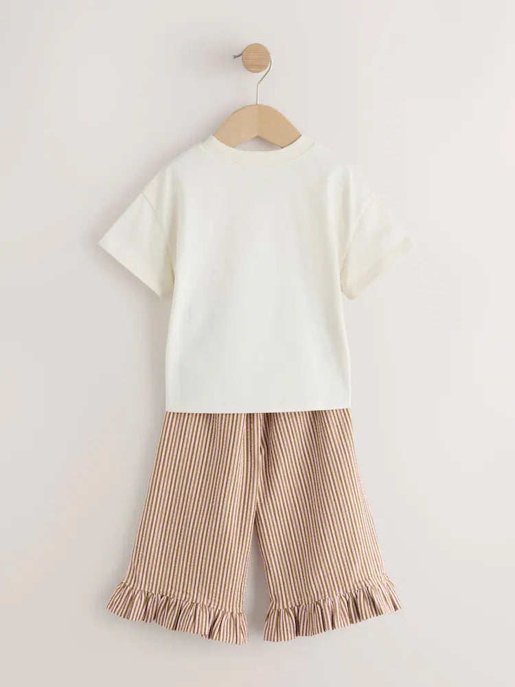 |Girl| Conjunto De Camiseta De Manga Curta Off-White Com Estampa De Coelho e Calça Com Babado Largo (3 meses a 7 anos)