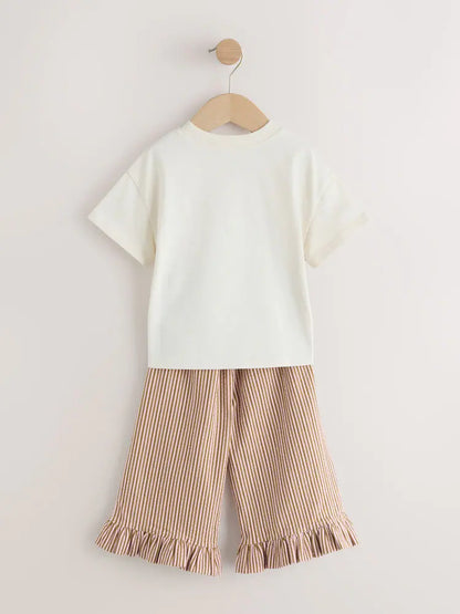 |Girl| Conjunto De Camiseta De Manga Curta Off-White Com Estampa De Coelho e Calça Com Babado Largo (3 meses a 7 anos)