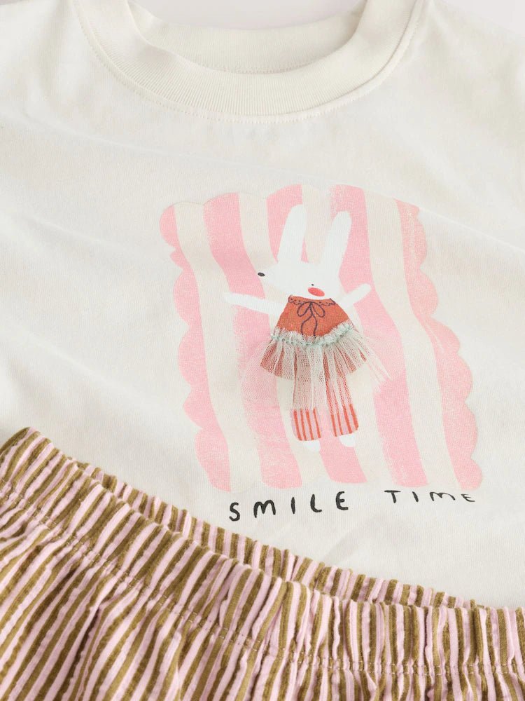 |Girl| Conjunto De Camiseta De Manga Curta Off-White Com Estampa De Coelho e Calça Com Babado Largo (3 meses a 7 anos)