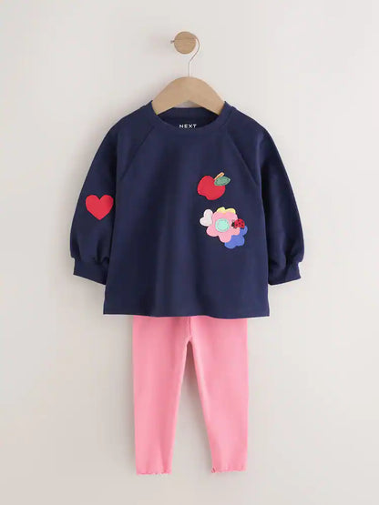 |Girl| Conjunto de Blusa de Manga Longa e Legging com Estampa de Cachorro (Azul-marinho) (3 meses a 7 anos)