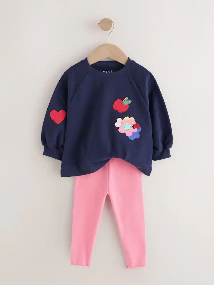 |Girl| Conjunto de Blusa de Manga Longa e Legging com Estampa de Cachorro (Azul-marinho) (3 meses a 7 anos)