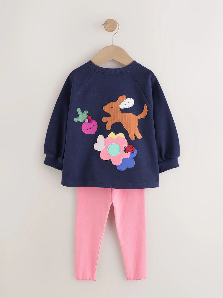 |Girl| Conjunto de Blusa de Manga Longa e Legging com Estampa de Cachorro (Azul-marinho) (3 meses a 7 anos)