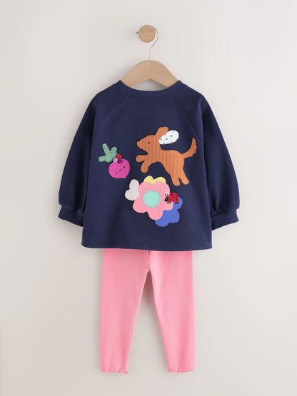 |Girl| Conjunto de Blusa de Manga Longa e Legging com Estampa de Cachorro (Azul-marinho) (3 meses a 7 anos)