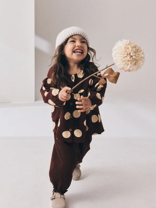 |Girl| Conjunto de Blusa de Manga Longa e Calça Bufante (Marrom/Creme) – (3 meses a 7 anos)