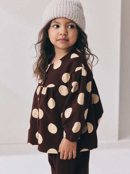 |Girl| Conjunto de Blusa de Manga Longa e Calça Bufante (Marrom/Creme) – (3 meses a 7 anos)