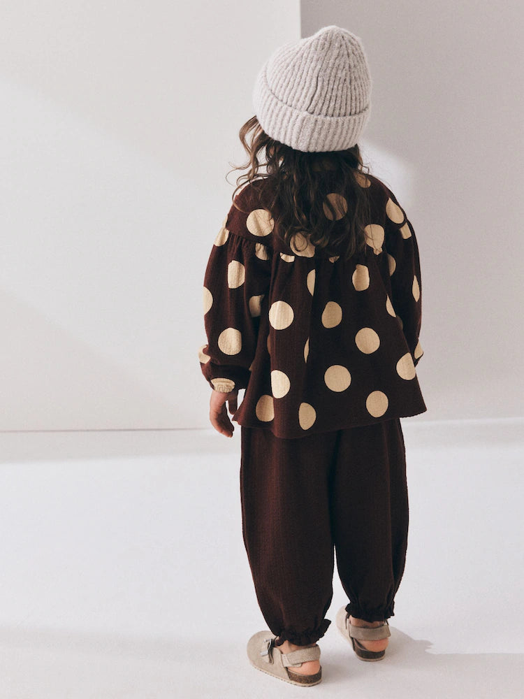 |Girl| Conjunto de Blusa de Manga Longa e Calça Bufante (Marrom/Creme) – (3 meses a 7 anos)