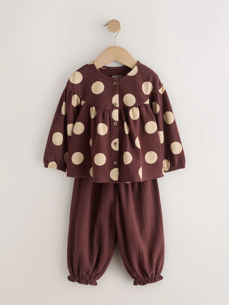 |Girl| Conjunto de Blusa de Manga Longa e Calça Bufante (Marrom/Creme) – (3 meses a 7 anos)