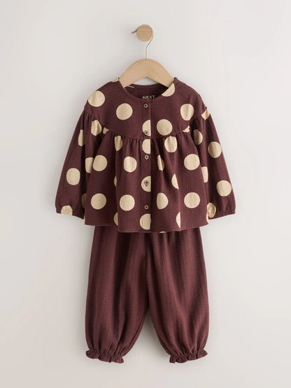 |Girl| Conjunto de Blusa de Manga Longa e Calça Bufante (Marrom/Creme) – (3 meses a 7 anos)