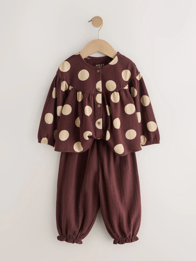 |Girl| Conjunto de Blusa de Manga Longa e Calça Bufante (Marrom/Creme) – (3 meses a 7 anos)