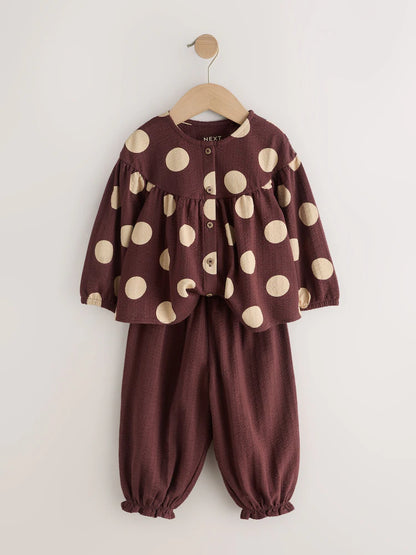 |Girl| Conjunto de Blusa de Manga Longa e Calça Bufante (Marrom/Creme) – (3 meses a 7 anos)