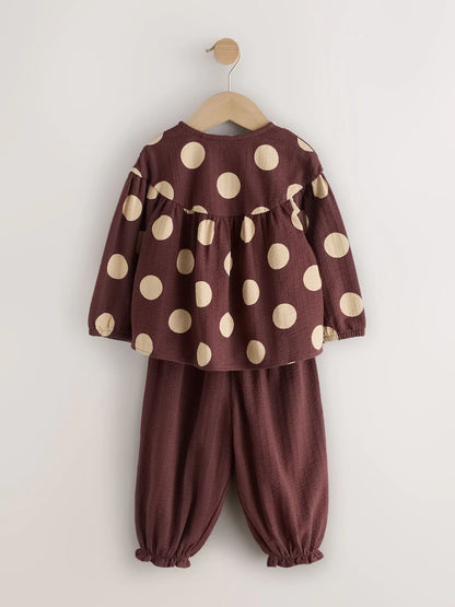 |Girl| Conjunto de Blusa de Manga Longa e Calça Bufante (Marrom/Creme) – (3 meses a 7 anos)