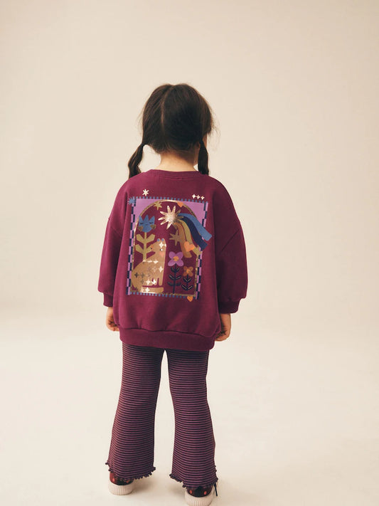 |Girl| Conjunto de Moletom Gola Careca e Legging Flare com Estampa de Estrelas (Roxo-Escuro) (3 meses a 7 anos)