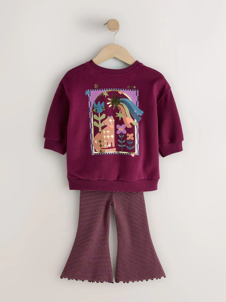 |Girl| Conjunto de Moletom Gola Careca e Legging Flare com Estampa de Estrelas (Roxo-Escuro) (3 meses a 7 anos)