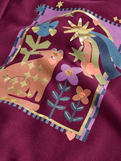 |Girl| Conjunto de Moletom Gola Careca e Legging Flare com Estampa de Estrelas (Roxo-Escuro) (3 meses a 7 anos)