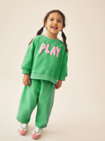 |Girl| Conjunto de Moletom e Calça Modelagem Barrel Leg Green Play (3 meses a 7 anos)