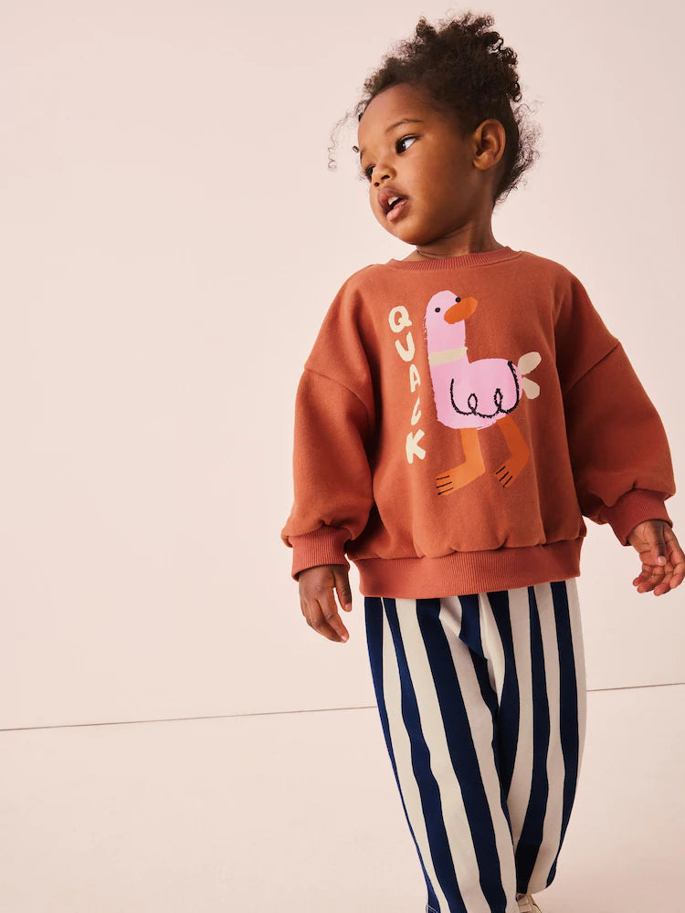 |Girl| Conjunto De Blusa De Manga Longa Com Estampa De Patos e Listras Azul-Marinho e calça modelo barrel (3 meses a 7 anos)