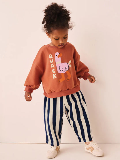 |Girl| Conjunto De Blusa De Manga Longa Com Estampa De Patos e Listras Azul-Marinho e calça modelo barrel (3 meses a 7 anos)