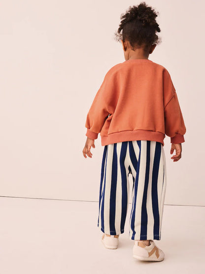 |Girl| Conjunto De Blusa De Manga Longa Com Estampa De Patos e Listras Azul-Marinho e calça modelo barrel (3 meses a 7 anos)