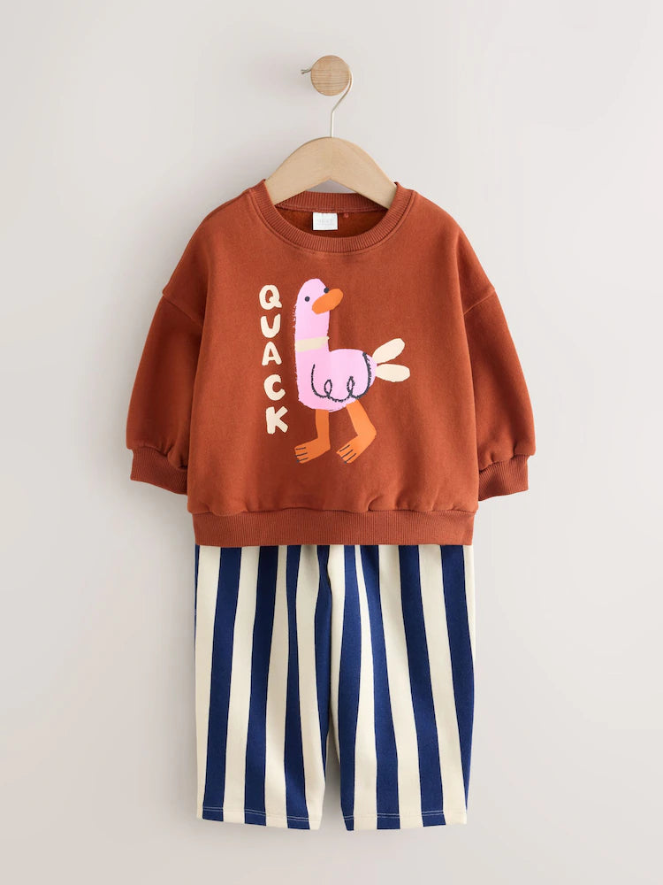 |Girl| Conjunto De Blusa De Manga Longa Com Estampa De Patos e Listras Azul-Marinho e calça modelo barrel (3 meses a 7 anos)