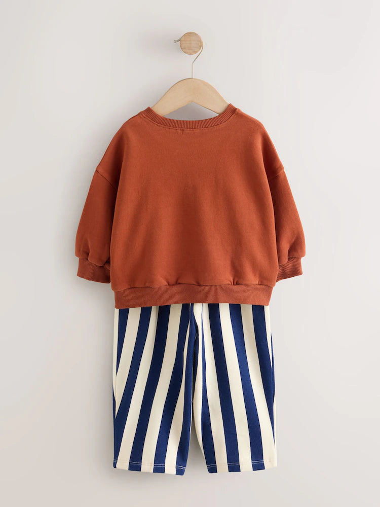 |Girl| Conjunto De Blusa De Manga Longa Com Estampa De Patos e Listras Azul-Marinho e calça modelo barrel (3 meses a 7 anos)