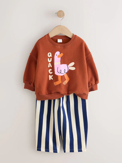 |Girl| Conjunto De Blusa De Manga Longa Com Estampa De Patos e Listras Azul-Marinho e calça modelo barrel (3 meses a 7 anos)