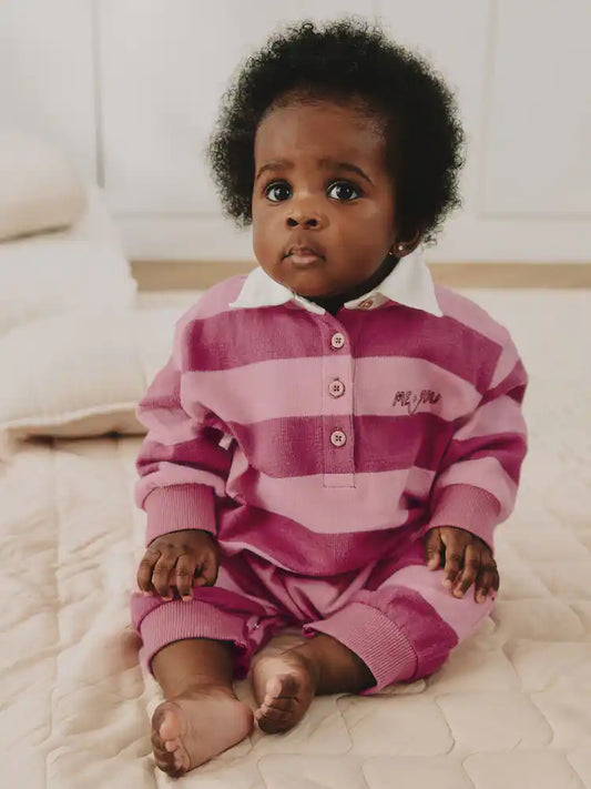 |BabyGirl| Macacão de Bebê em Malha com Gola e Listras Rosas (0 meses a 2 anos)