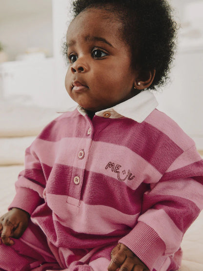 |BabyGirl| Macacão de Bebê em Malha com Gola e Listras Rosas (0 meses a 2 anos)