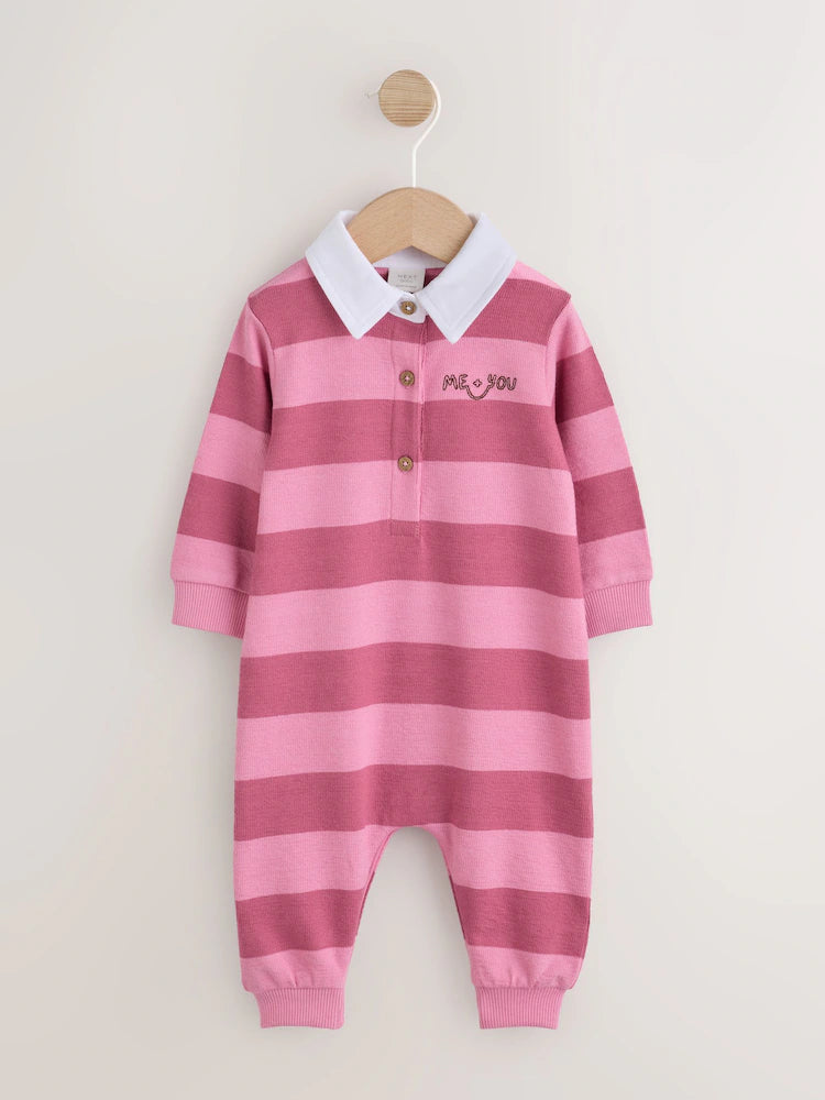 |BabyGirl| Macacão de Bebê em Malha com Gola e Listras Rosas (0 meses a 2 anos)