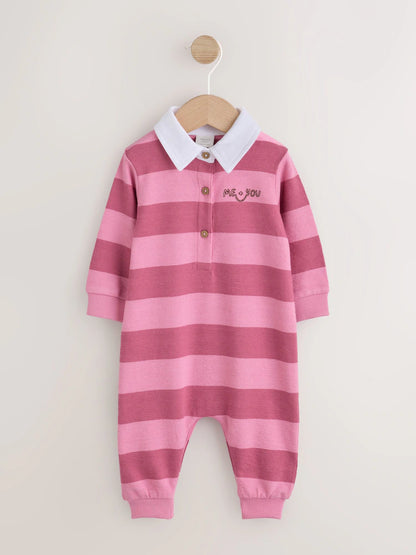 |BabyGirl| Macacão de Bebê em Malha com Gola e Listras Rosas (0 meses a 2 anos)