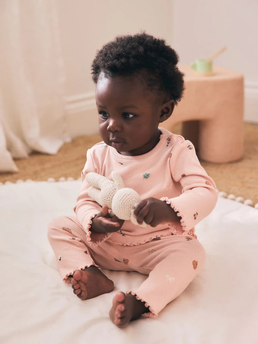 |BabyGirl| Conjunto De 2 Peças Para Bebê: Blusa Canelada Estampada Rosa e Legging (0 meses a 2 anos)