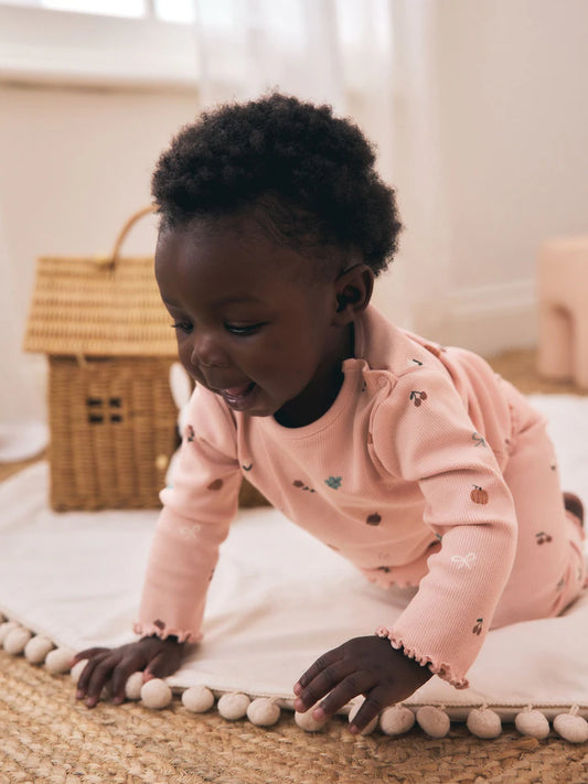 |BabyGirl| Conjunto De 2 Peças Para Bebê: Blusa Canelada Estampada Rosa e Legging (0 meses a 2 anos)
