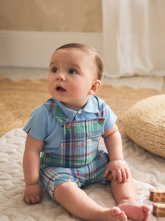 |BabyBoy| Conjunto De Jardineira e Body Xadrez Azul/Verde (0 meses a 2 anos)