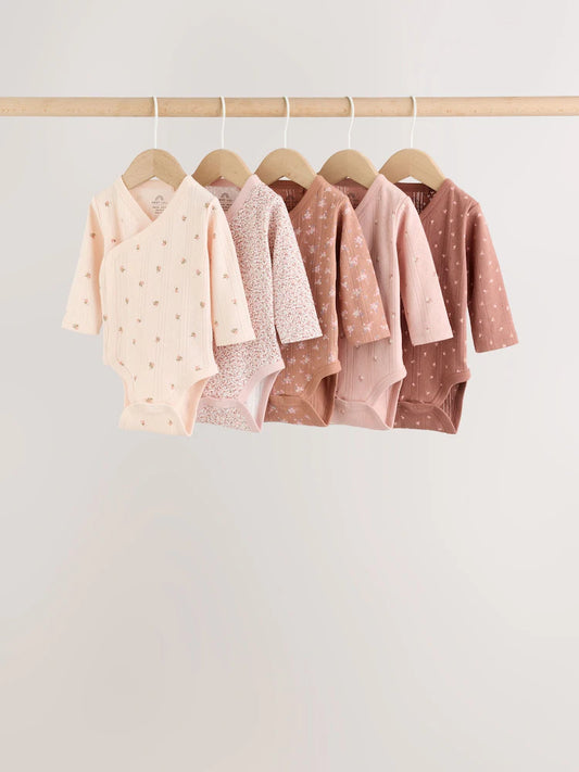 |BabyGirl| Kit Com 5 Bodies Transpassados Pra Bebê com Estampa Floral Miúda (Marrom)