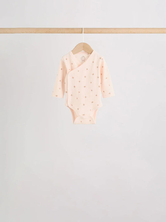 |BabyGirl| Kit Com 5 Bodies Transpassados Pra Bebê com Estampa Floral Miúda (Marrom)