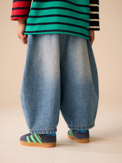 |Boy| Calça Jeans Wide Barrel com Lavagem Azul-Médio (3 meses a 7 anos)