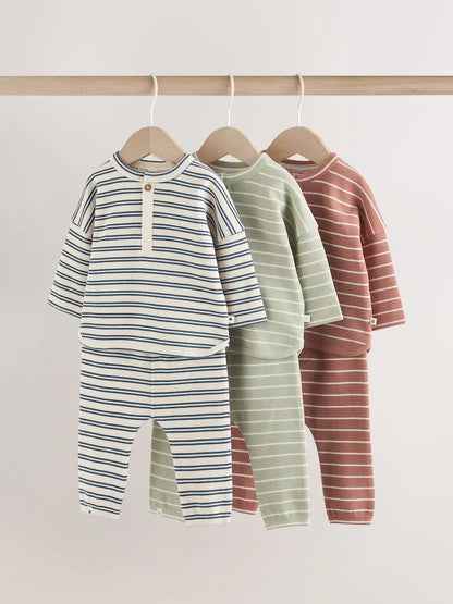 |BabyBoy| Conjunto de 6 peças com blusa e leggings listradas (verde/azul/marrom) para bebês (0 meses a 3 anos)