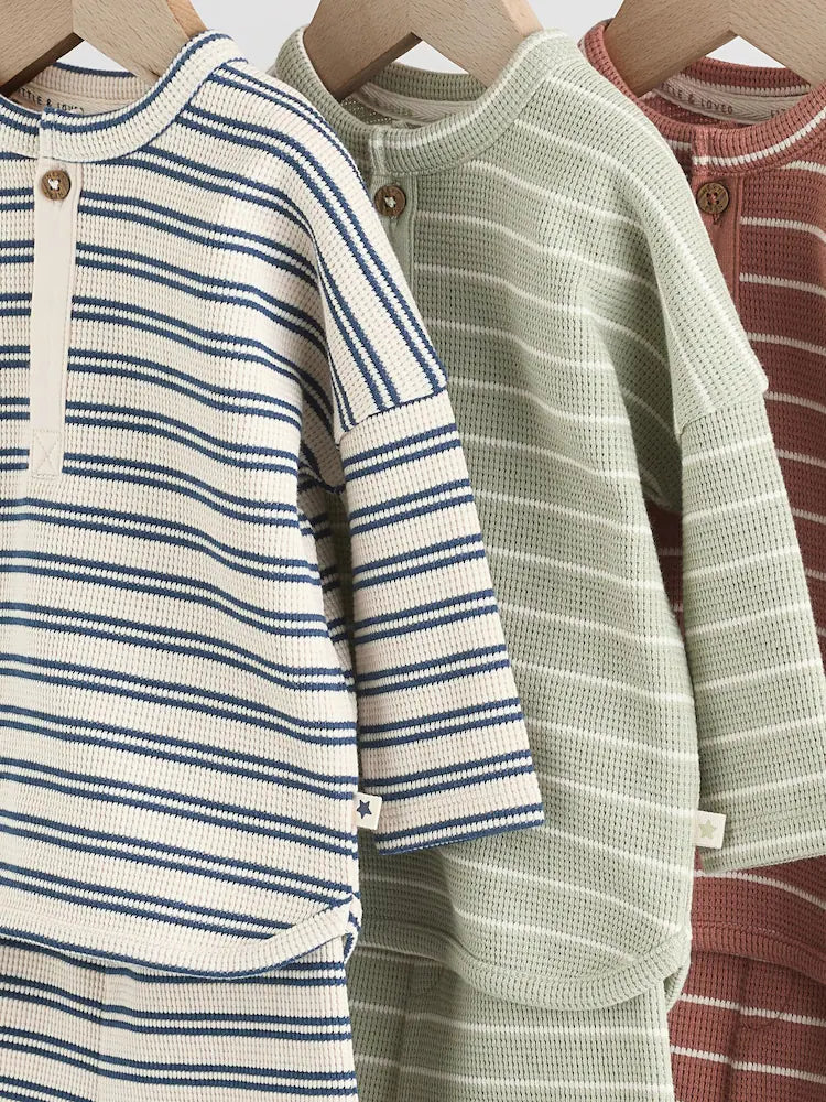 |BabyBoy| Conjunto de 6 peças com blusa e leggings listradas (verde/azul/marrom) para bebês (0 meses a 3 anos)