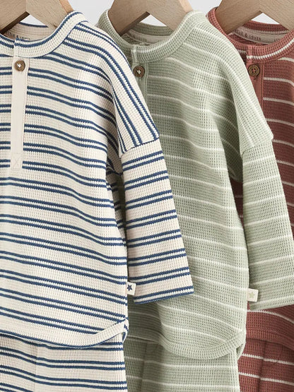 |BabyBoy| Conjunto de 6 peças com blusa e leggings listradas (verde/azul/marrom) para bebês (0 meses a 3 anos)