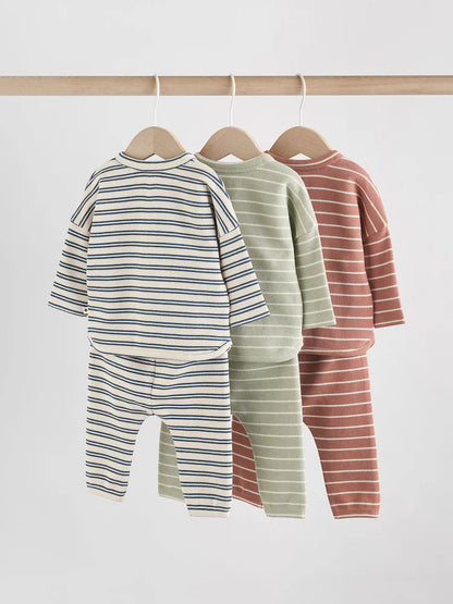|BabyBoy| Conjunto de 6 peças com blusa e leggings listradas (verde/azul/marrom) para bebês (0 meses a 3 anos)
