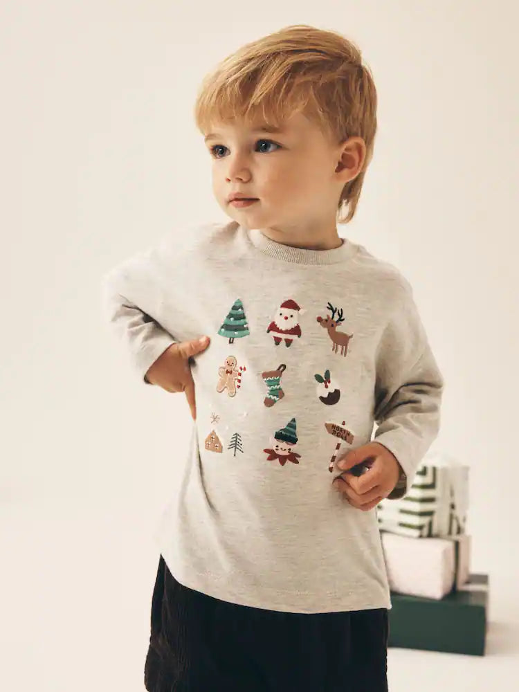 |Boy| Camiseta de Natal de Manga Longa com Papai Noel Azul e Rudolph (3 meses a 7 anos)