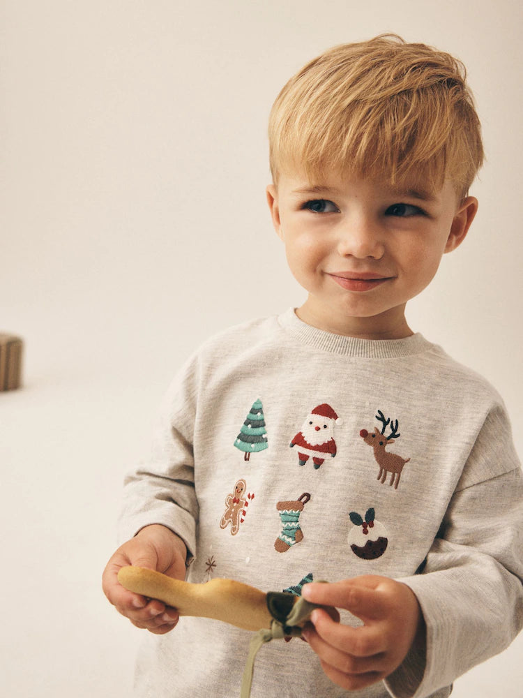 |Boy| Camiseta de Natal de Manga Longa com Papai Noel Azul e Rudolph (3 meses a 7 anos)
