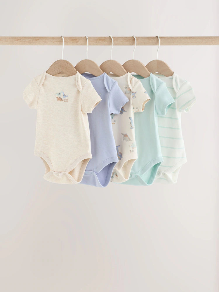 |BabyGirl| Kit com 5 Bodies de Manga Curta para Bebê – Estampa de Dinossauro (Cores Neutras)
