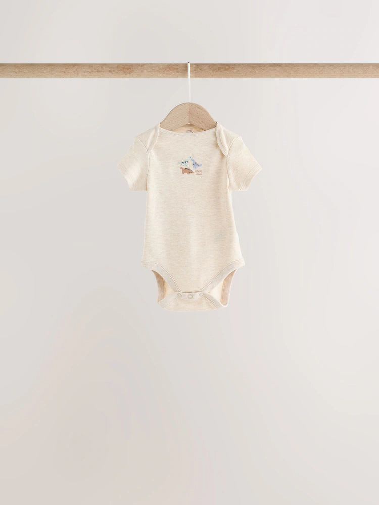 |BabyGirl| Kit com 5 Bodies de Manga Curta para Bebê – Estampa de Dinossauro (Cores Neutras)