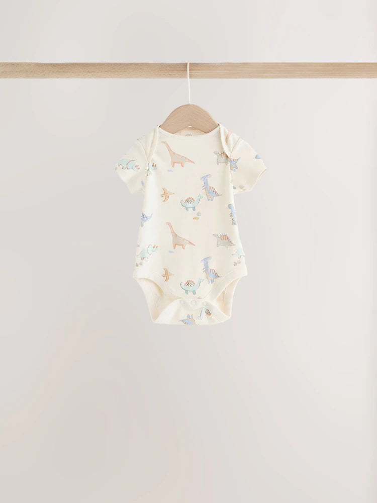 |BabyGirl| Kit com 5 Bodies de Manga Curta para Bebê – Estampa de Dinossauro (Cores Neutras)