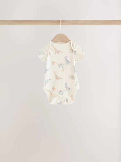 |BabyGirl| Kit com 5 Bodies de Manga Curta para Bebê – Estampa de Dinossauro (Cores Neutras)