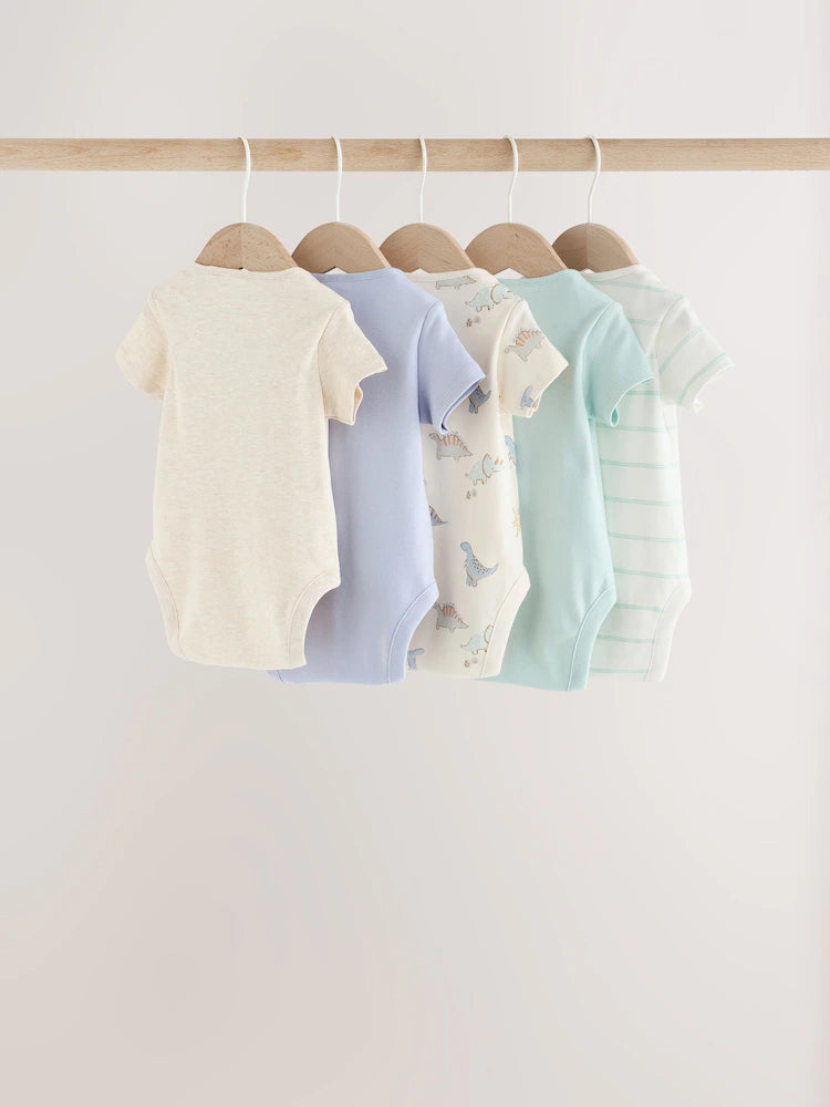 |BabyGirl| Kit com 5 Bodies de Manga Curta para Bebê – Estampa de Dinossauro (Cores Neutras)
