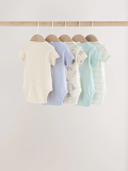|BabyGirl| Kit com 5 Bodies de Manga Curta para Bebê – Estampa de Dinossauro (Cores Neutras)