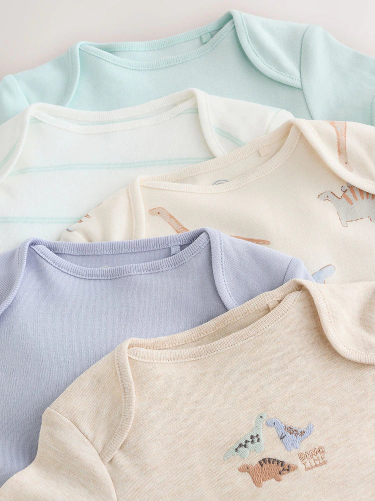|BabyGirl| Kit com 5 Bodies de Manga Curta para Bebê – Estampa de Dinossauro (Cores Neutras)